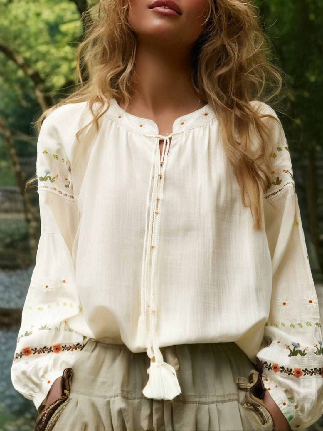 Cream Blossom Floral Embroidered Long Sleeve Blouse