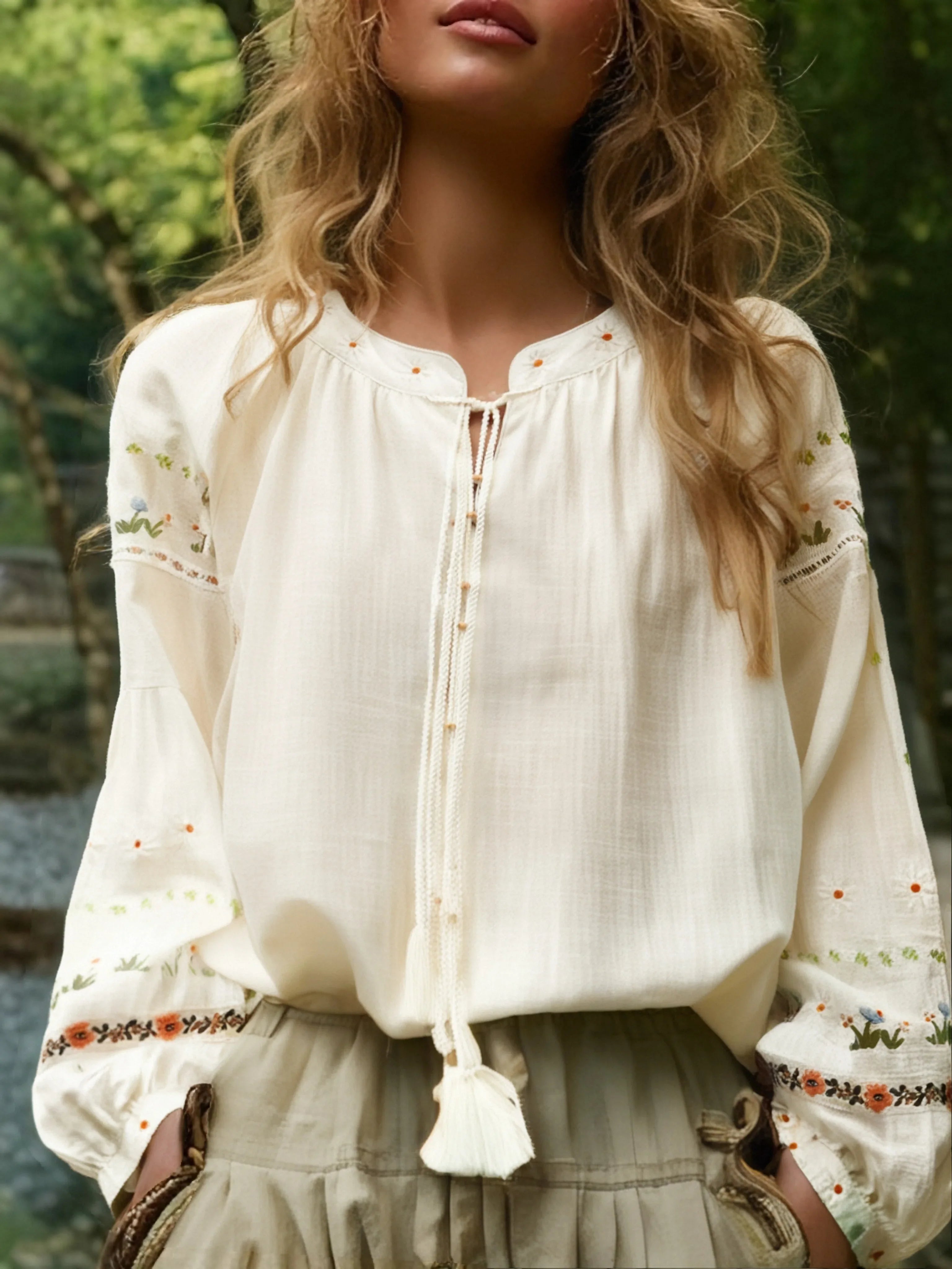 Cream Blossom Floral Embroidered Long Sleeve Blouse