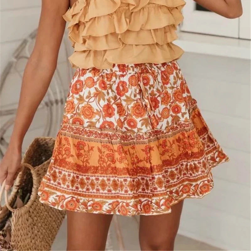 Marigold Orange Floral Print Mini Skirt
