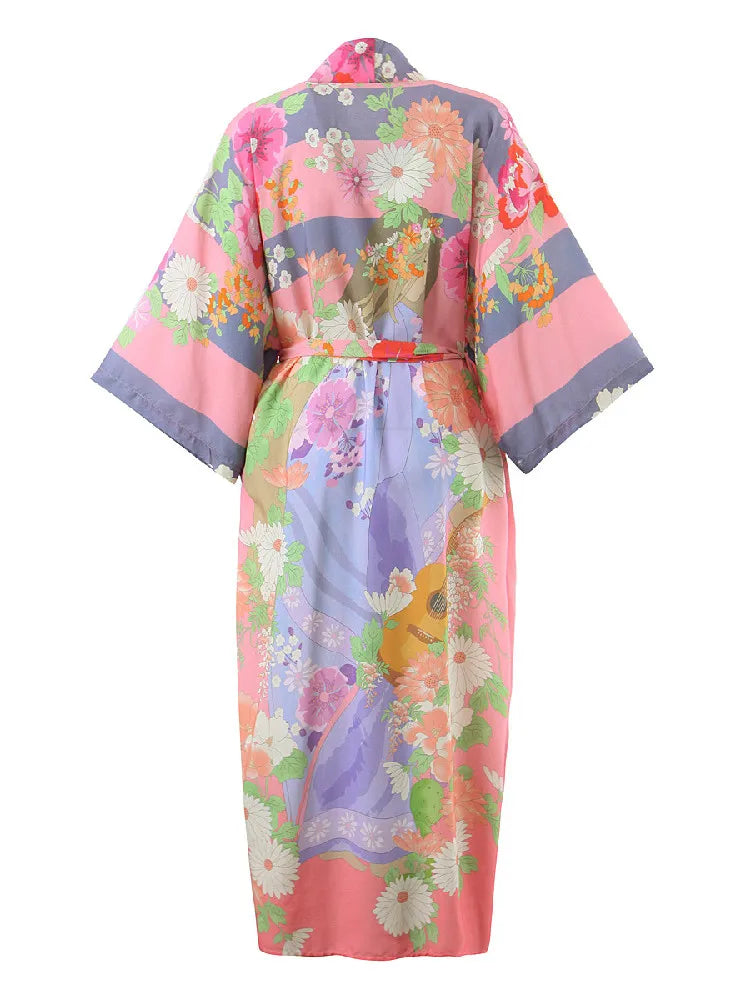 Pink Blooms Boho Floral Print Maxi Robe
