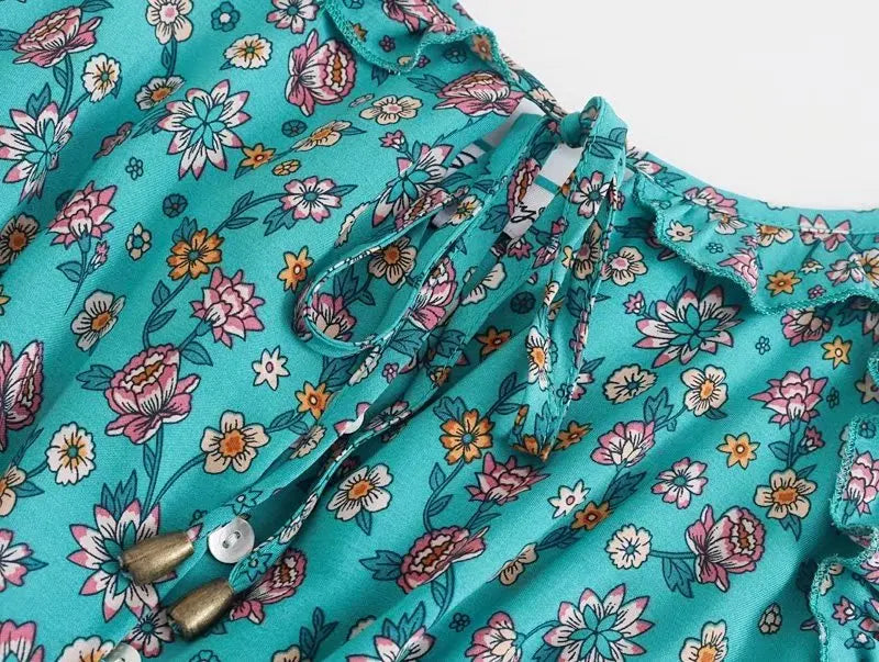 Ocean Bloom Boho Floral Print Midi Dress