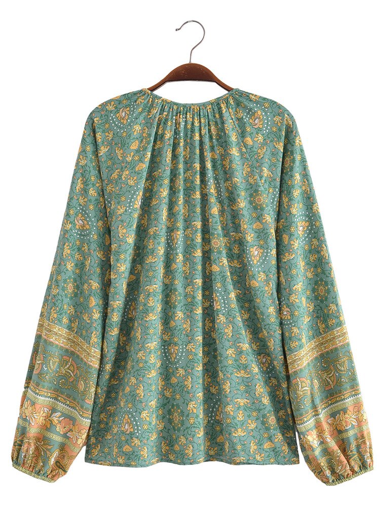 Sweet Basil Boho Floral Print Long Sleeve Blouse