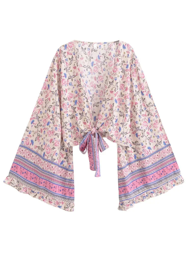 Mystic Petals Boho Floral Print Long Sleeve Crop Top