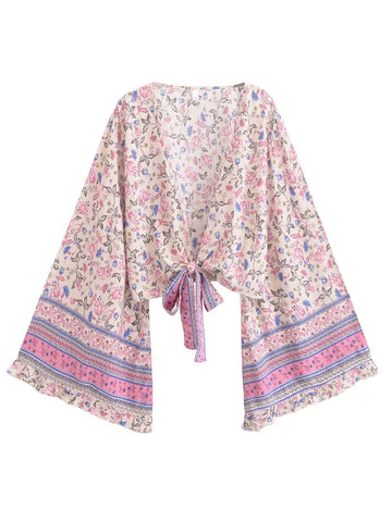 Mystic Petals Boho Floral Print Long Sleeve Crop Top