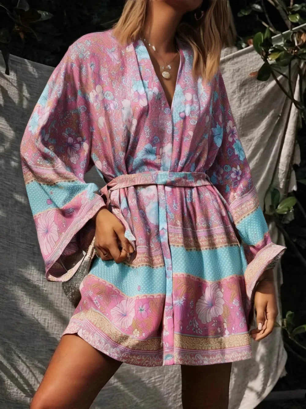Hibiscus Bliss Boho Floral Print Short Robe