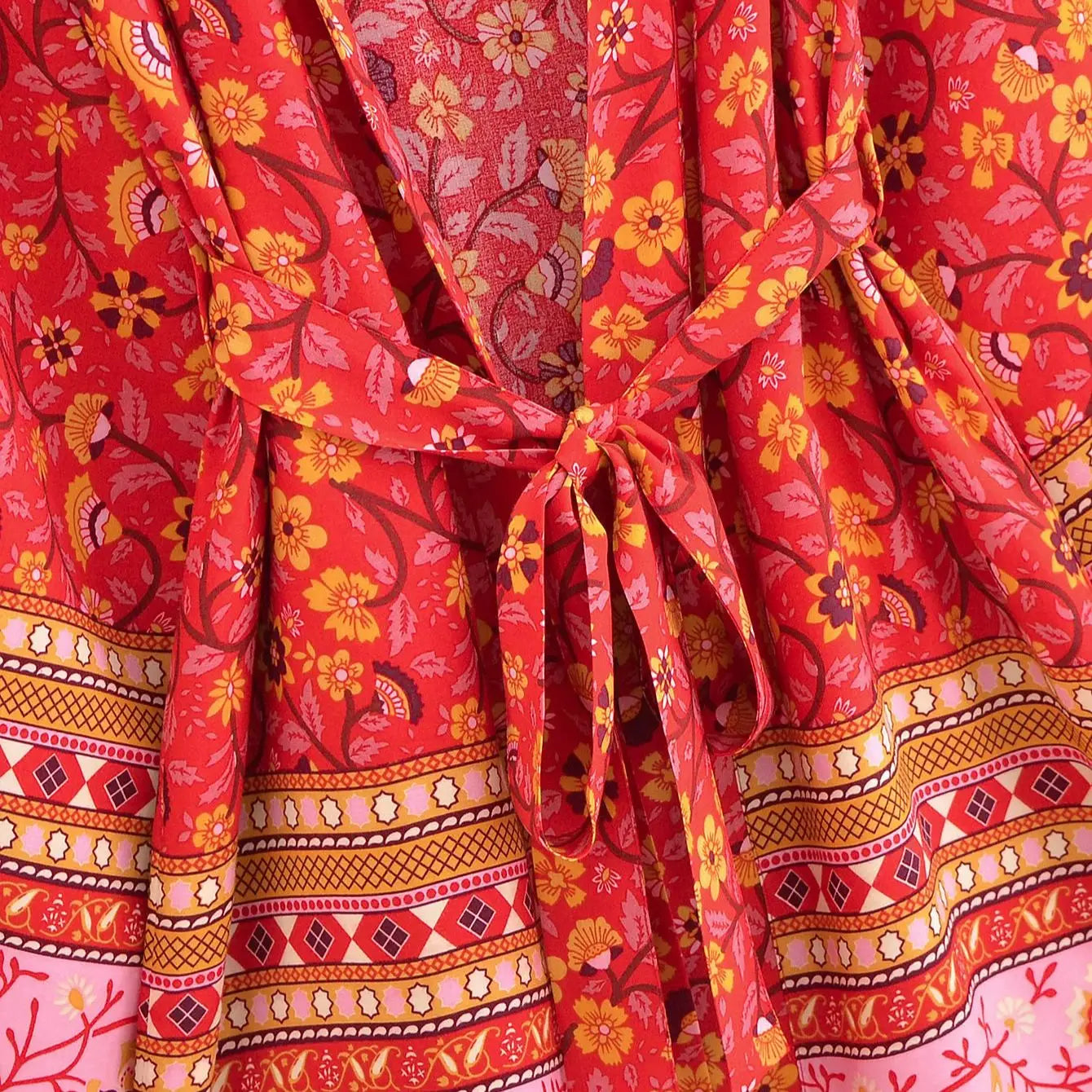 Crimson Bloom Boho Floral Print Short Robe