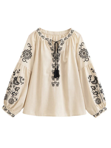 Desert Songbird Floral Embroidered Long Sleeve Blouse