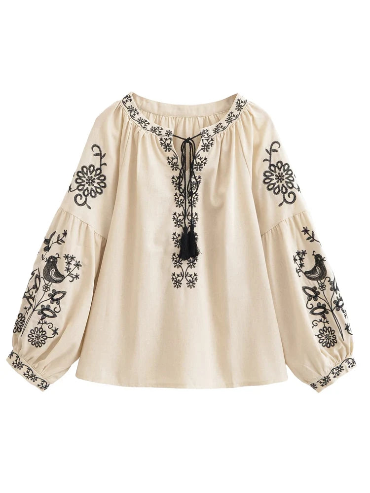 Desert Songbird Floral Embroidered Long Sleeve Blouse