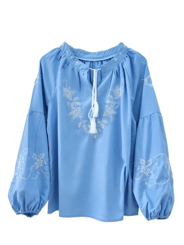 Sky Blue Haven Floral Embroidered Long Sleeve Blouse