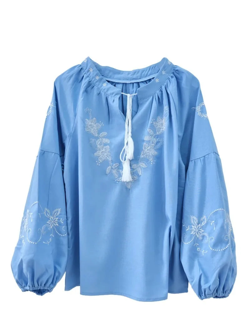 Sky Blue Haven Floral Embroidered Long Sleeve Blouse