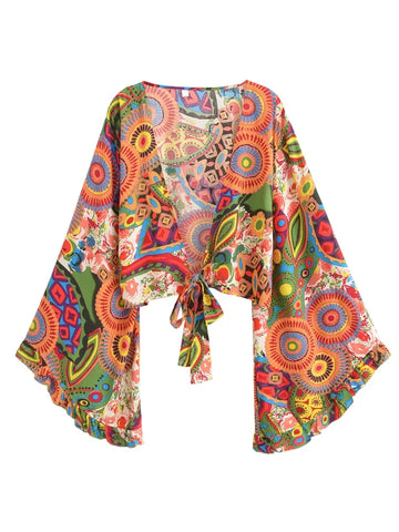 Psychedelic Sunrise Boho Floral Print Long Sleeve Crop Top