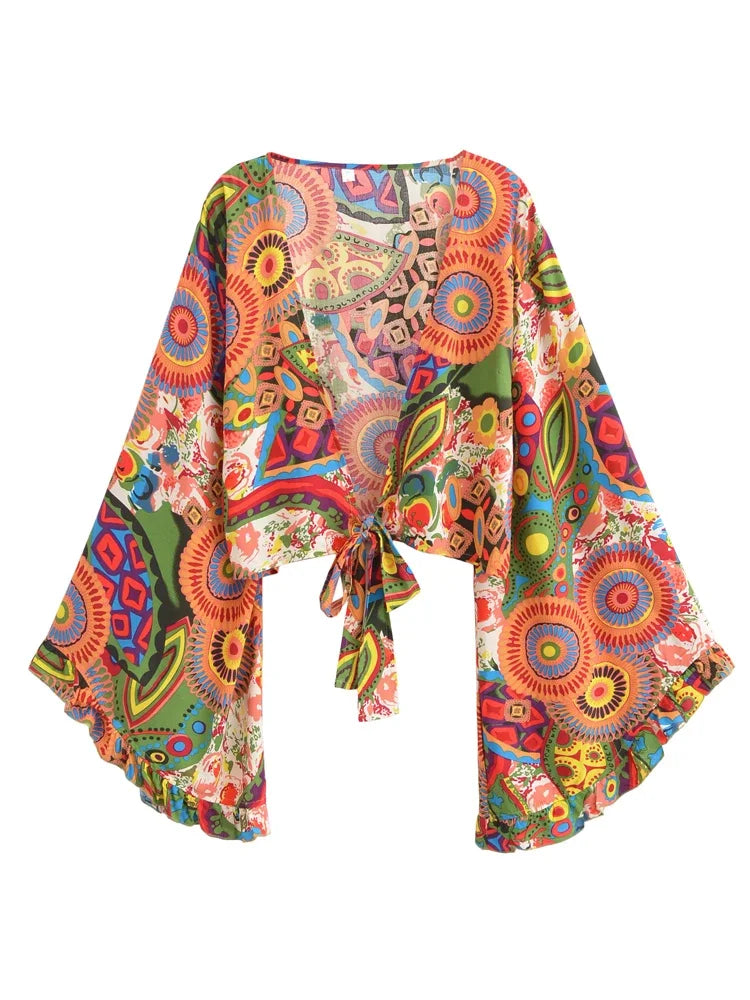 Psychedelic Sunrise Boho Floral Print Long Sleeve Crop Top