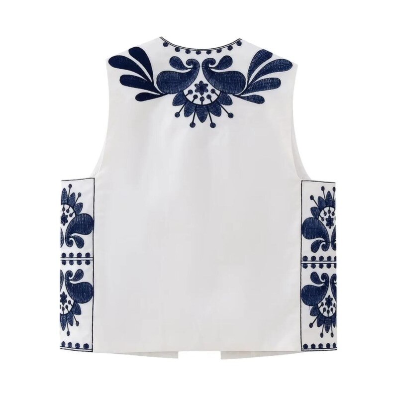 Blue Boho Floral Embroidered Vest