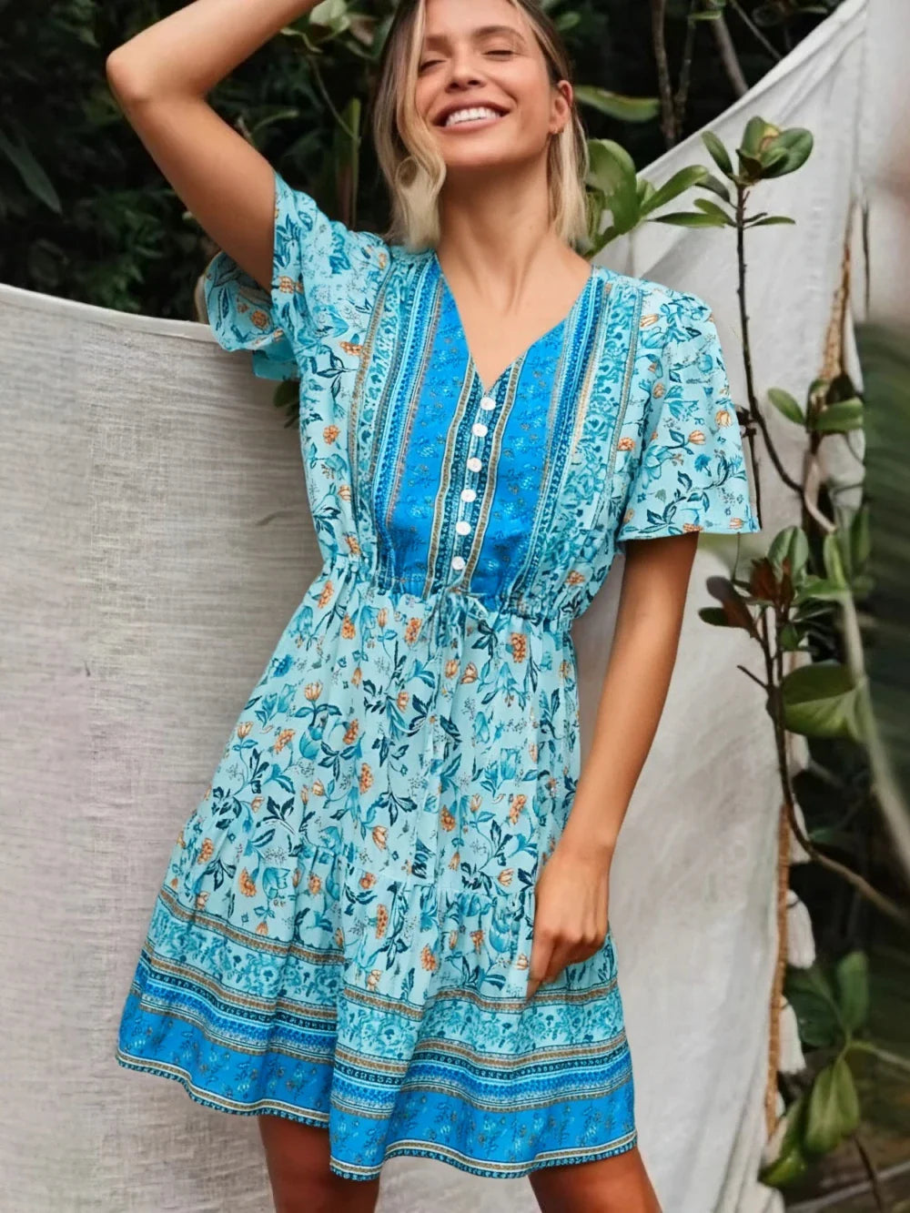 Seaside Breeze Boho Floral Print Mini Dress