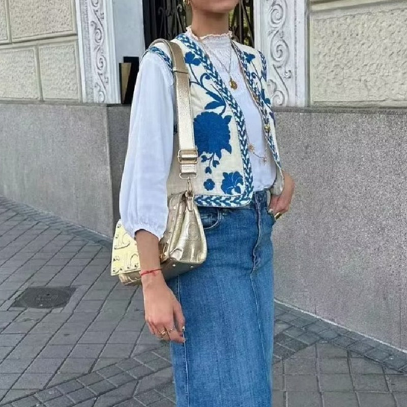 Blue Blooms Boho Floral Embroidered Vest