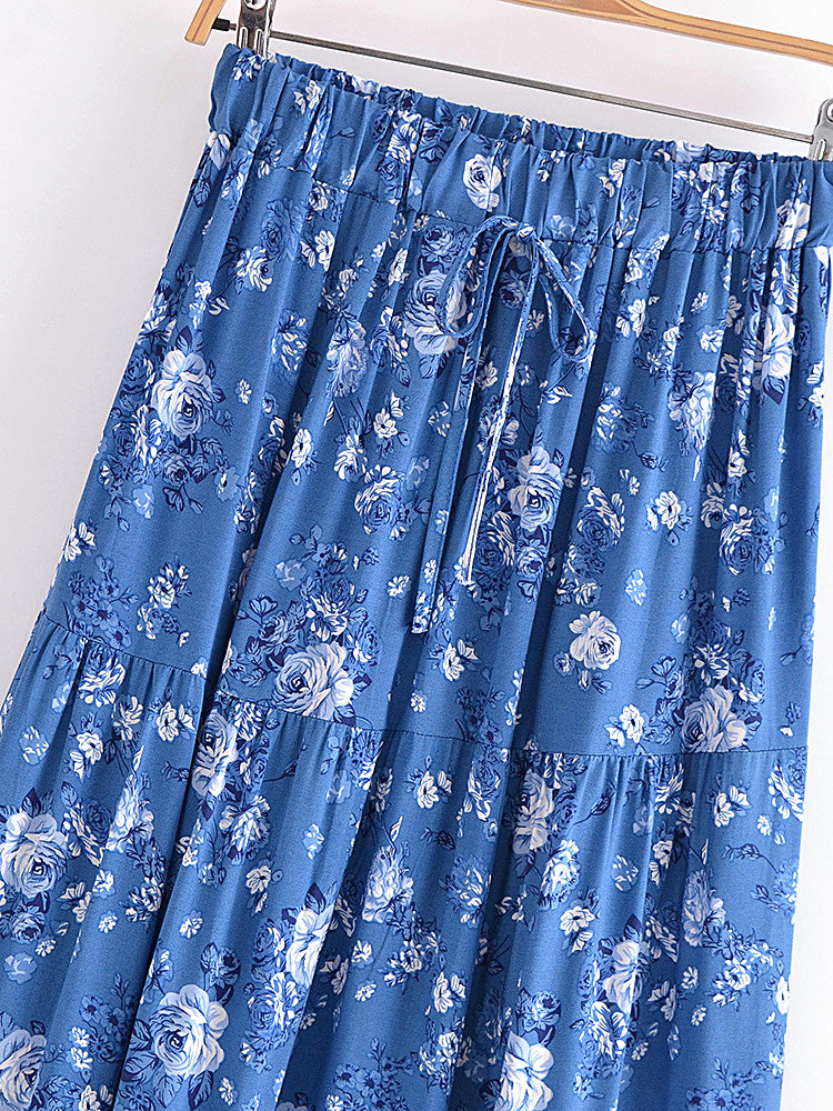 Cottage Blue Floral Print Boho Maxi Skirt