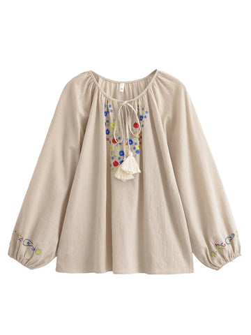 Beige Wildflower Floral Embroidered Long Sleeve Blouse