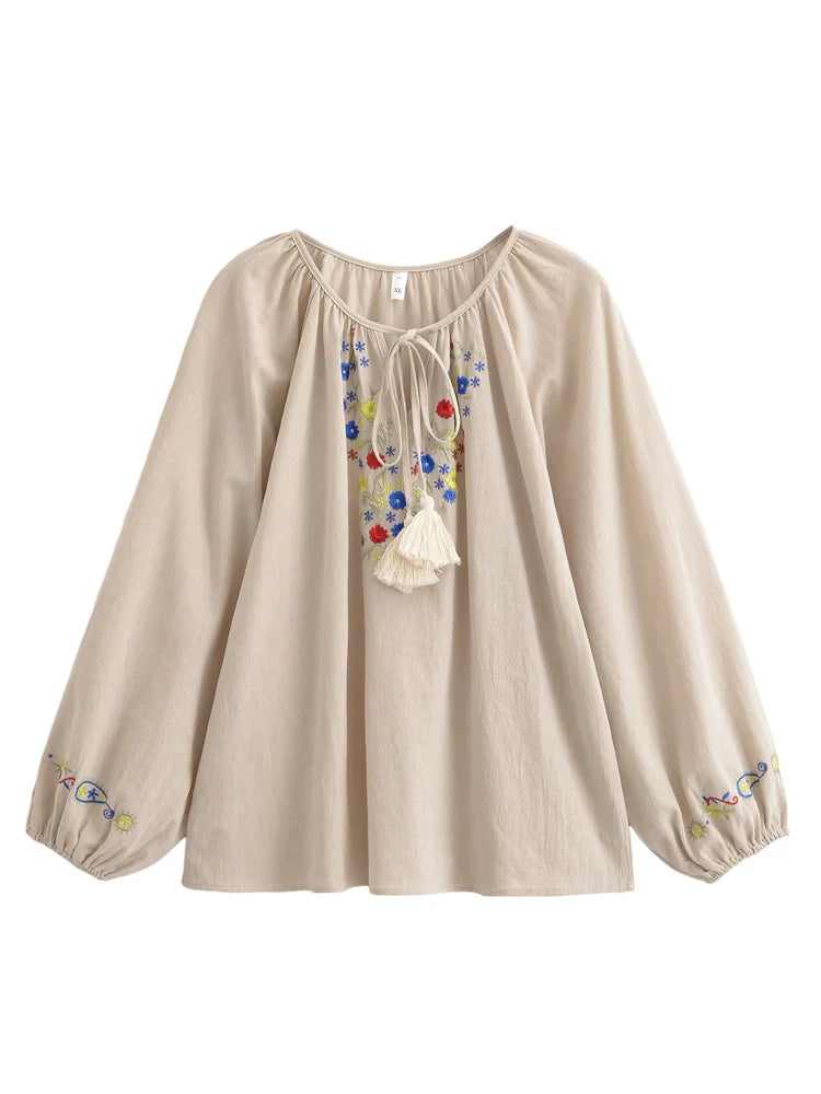 Beige Wildflower Floral Embroidered Long Sleeve Blouse
