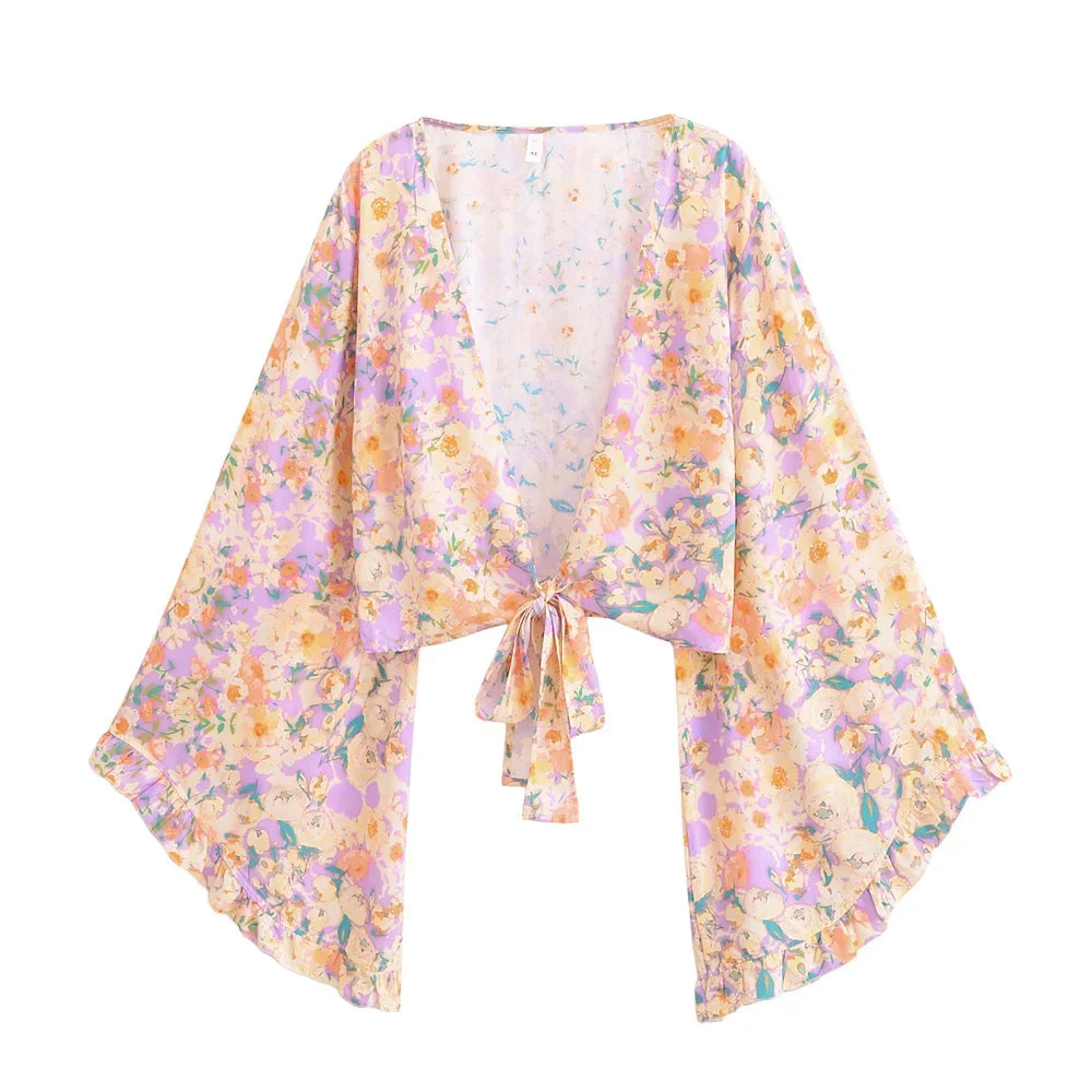 Soft Petals Boho Floral Print Long Sleeve Crop Top