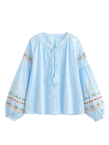 Sky Blossom Floral Embroidered Long Sleeve Blouse