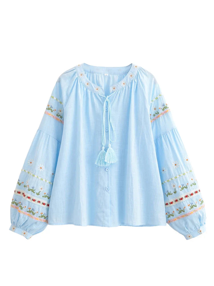 Sky Blossom Floral Embroidered Long Sleeve Blouse