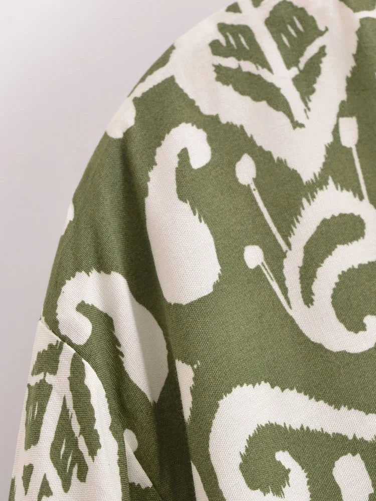 Serene Green Boho Floral Print Long Sleeve Crop Top