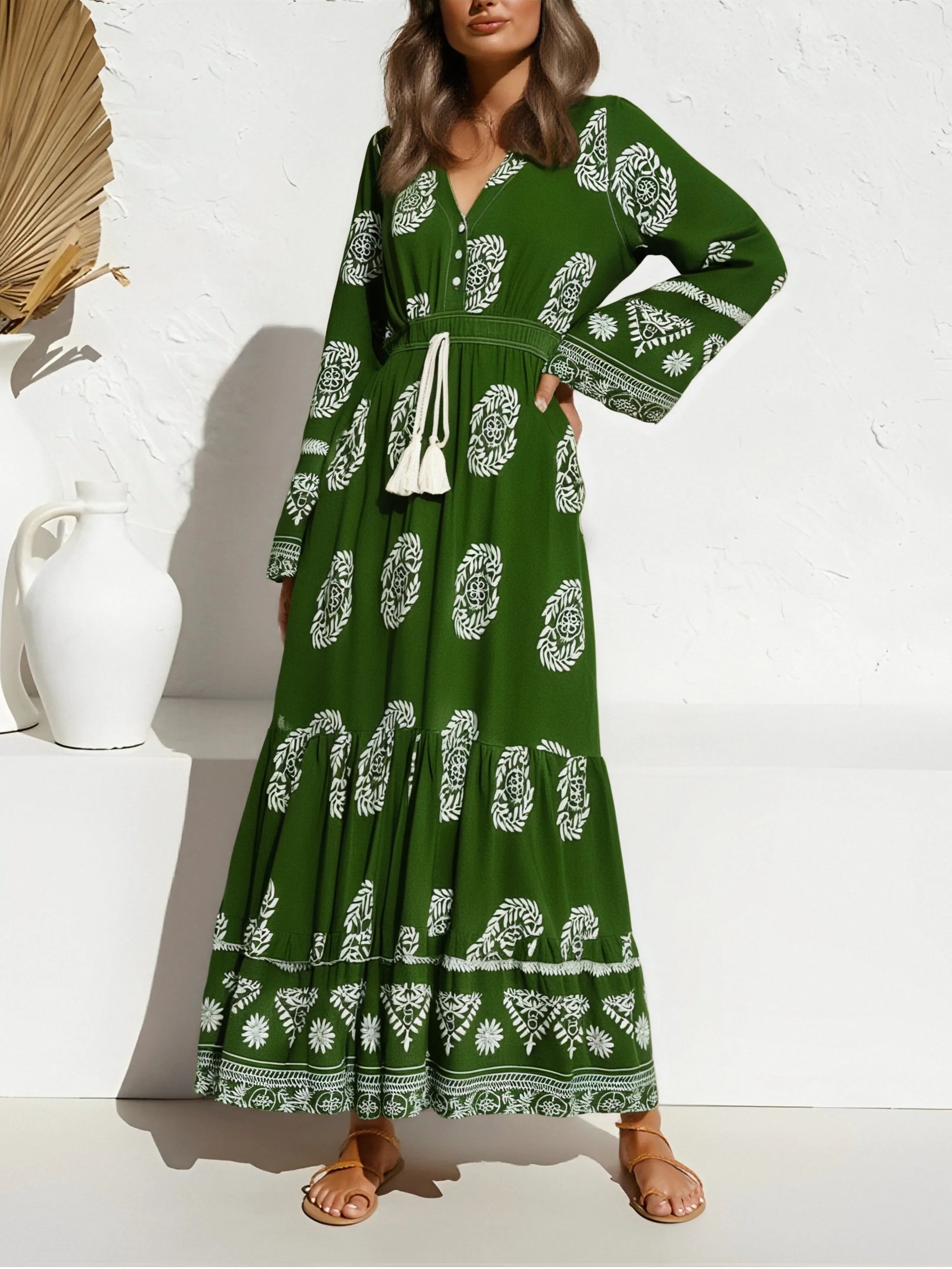 Sagewood Green Boho Floral Print Maxi Dress