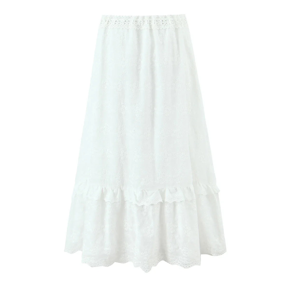 Dreamy White Floral Embroidered Midi Skirt