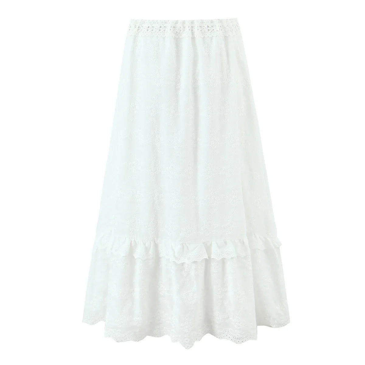 Dreamy White Floral Embroidered Midi Skirt