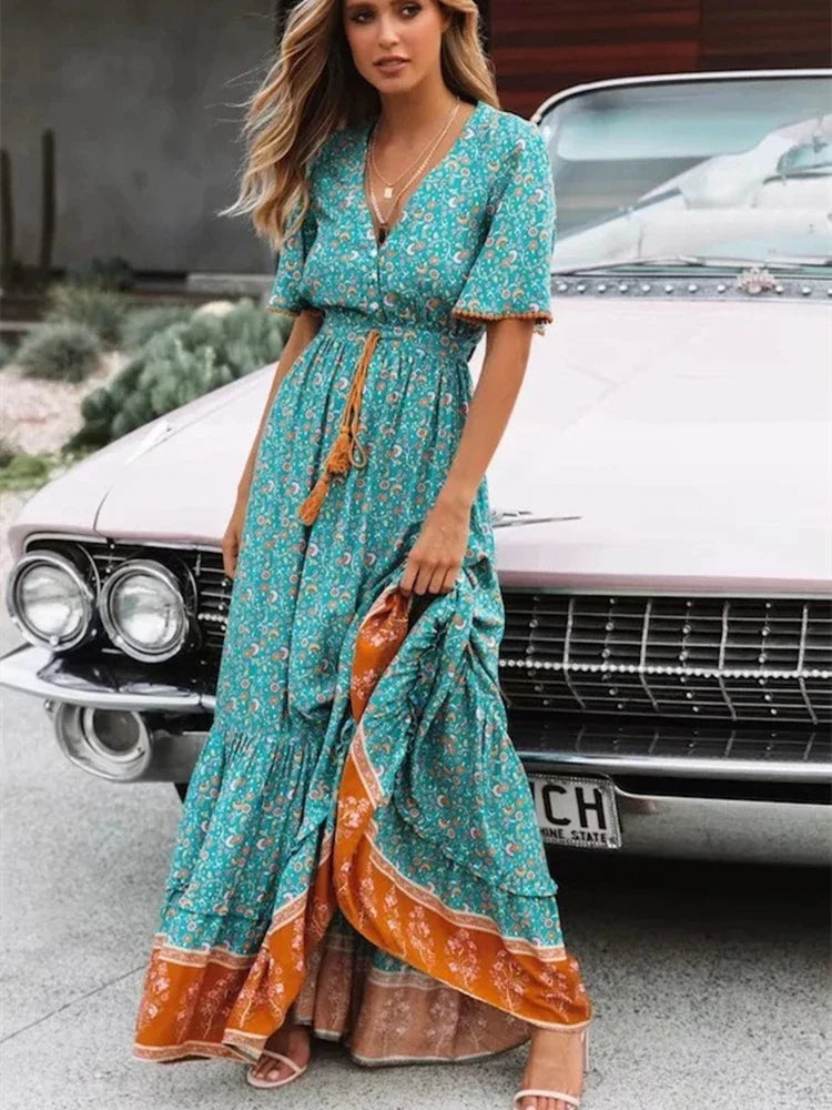 Coastal Charm Boho Floral Print Maxi Dress