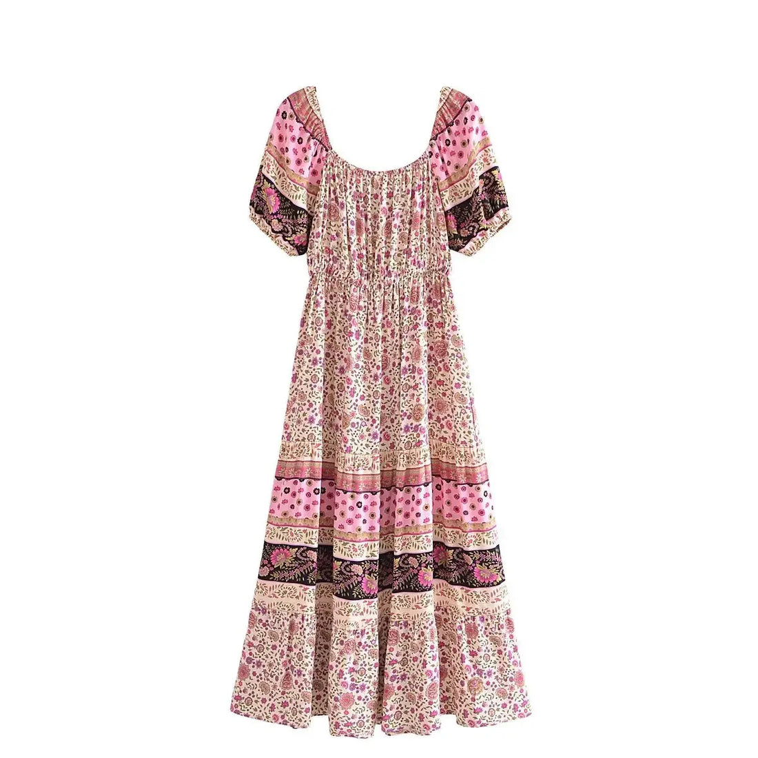 Pink Whimsy Boho Floral Print Midi Dress
