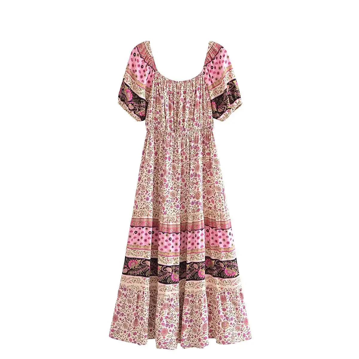 Pink Whimsy Boho Floral Print Midi Dress