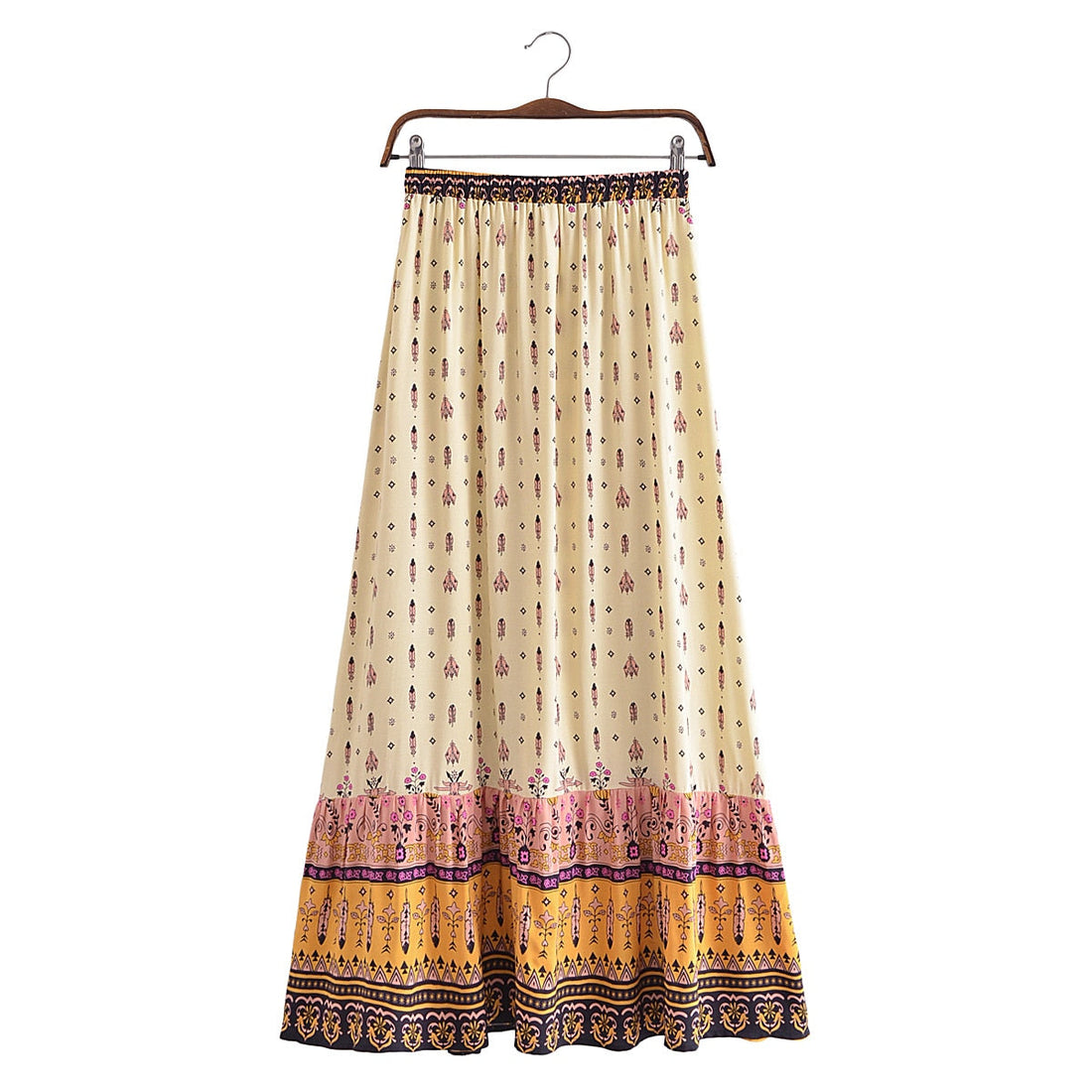 Gypsy Feather Floral Print Boho Maxi Skirt