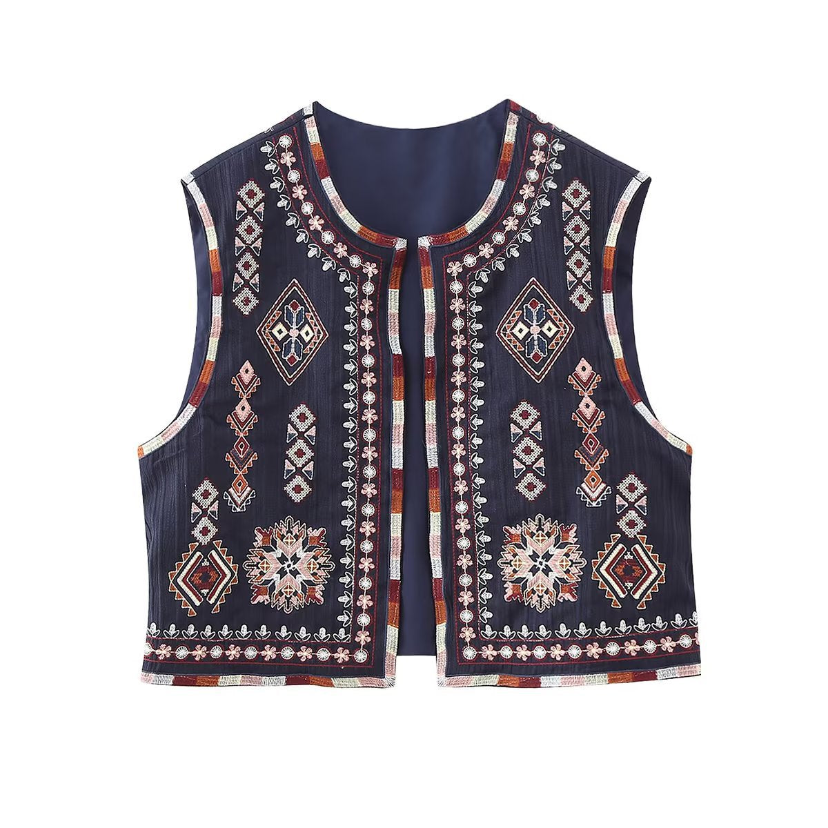 Navy Boho Aztec Embroidered Vest