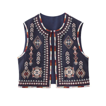 Navy Boho Aztec Embroidered Vest