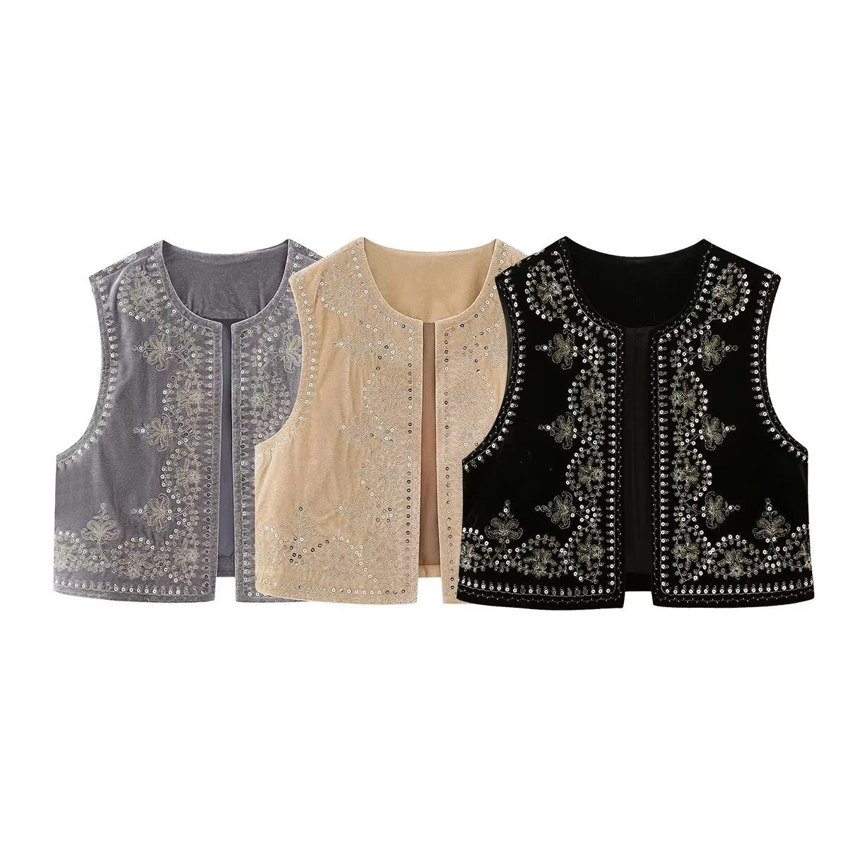 Taupe Boho Sequin Embroidered Vest