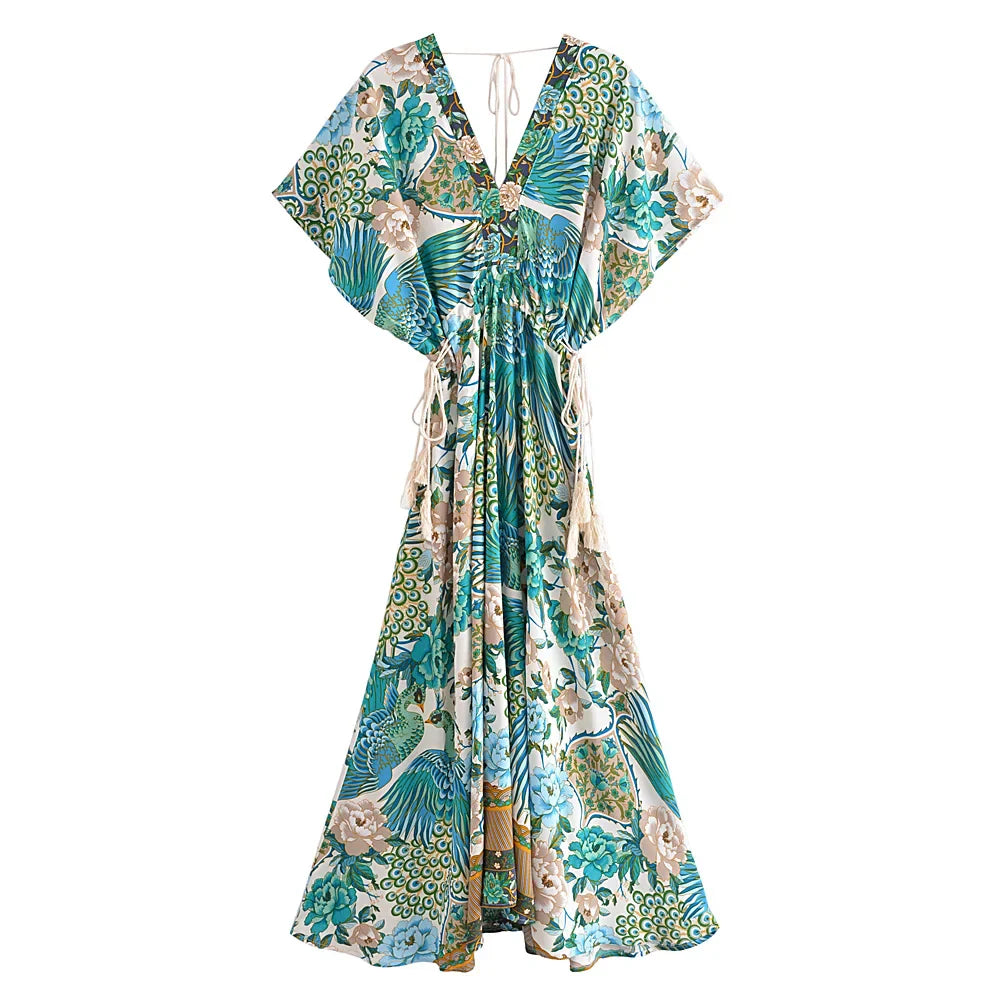 Teal Songbird Boho Floral Print Midi Dress