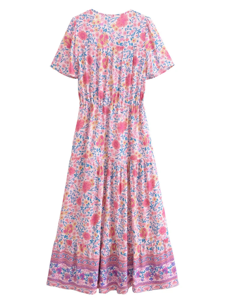 Dreamy Rose Pink Boho Floral Print Maxi Dress