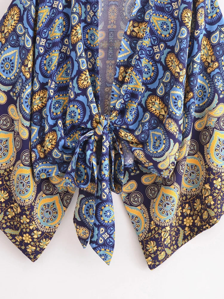 Dark Blue Boho Floral Print Crop Top