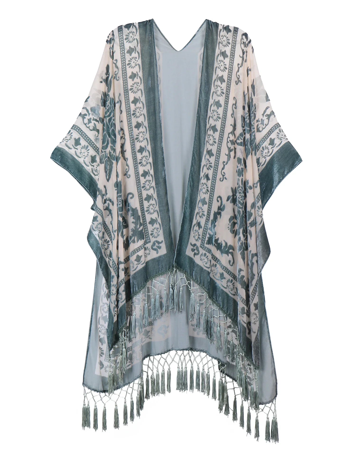 Sage Floral Print Velvet Burnout Kimono