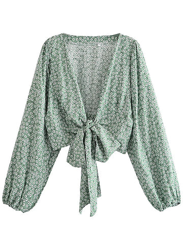 Sage Bloom Boho Floral Print Long Sleeve Crop Top