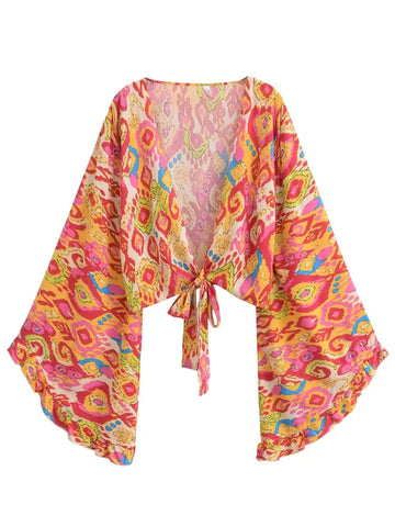 Nova Orange Boho Floral Print Long Sleeve Crop Top