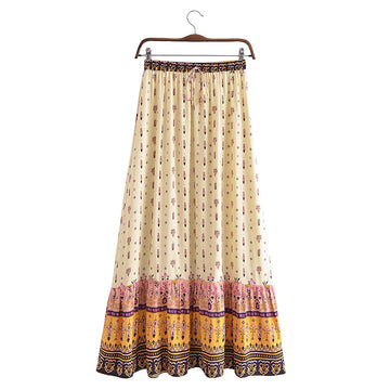 Gypsy Feather Floral Print Boho Maxi Skirt