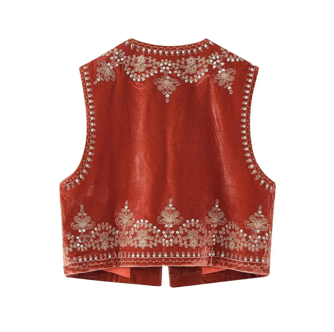 Red Boho Sequin Embroidered Vest