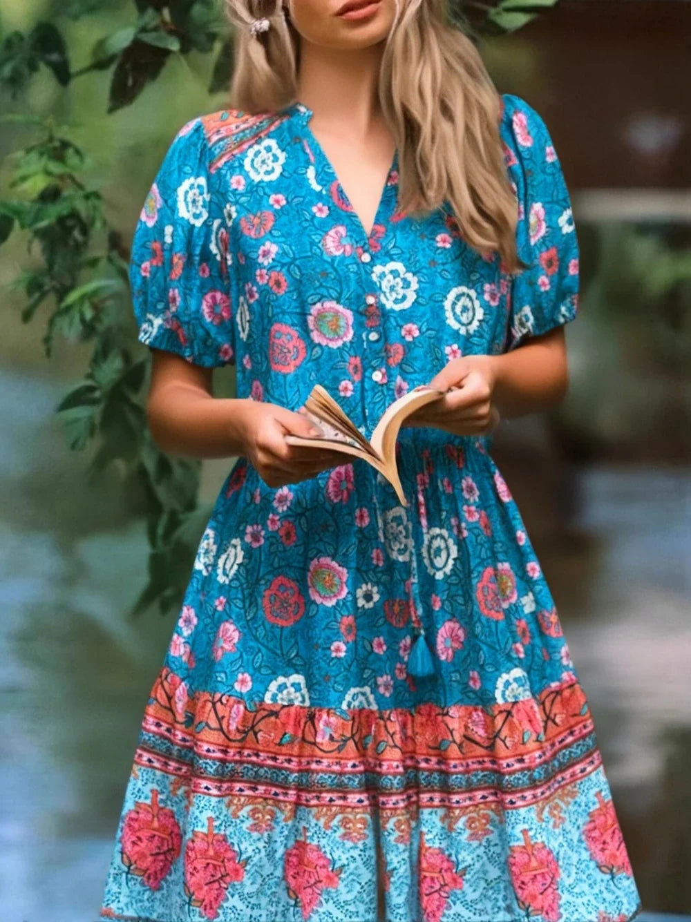 Blue Bouquet Boho Floral Print Midi Dress