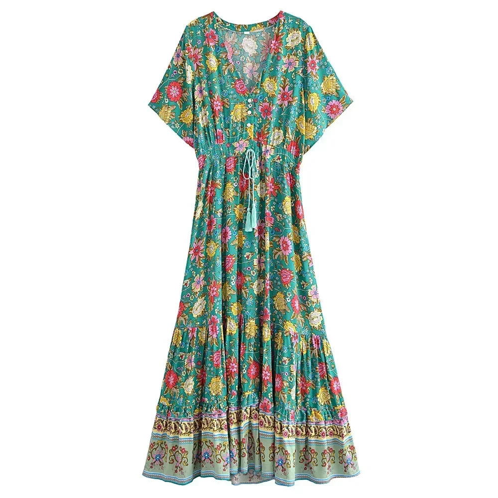 Teal Blooms Boho Floral Print Maxi Dress