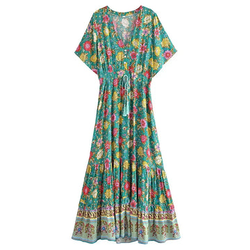 Teal Blooms Boho Floral Print Maxi Dress