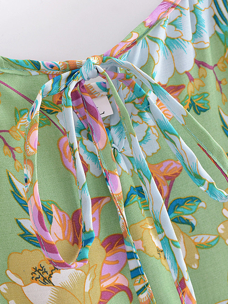 Jade Peacock Boho Floral Print Midi Dress