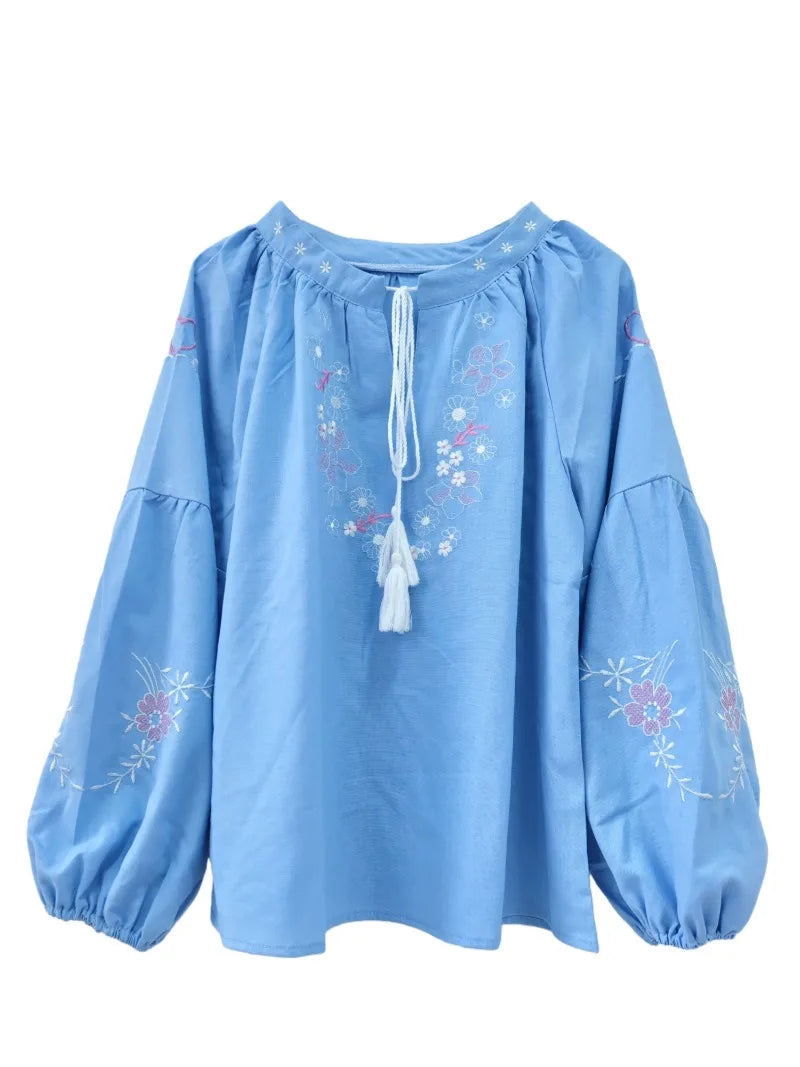 Light Blue Prairie Bloom Floral Embroidered Blouse