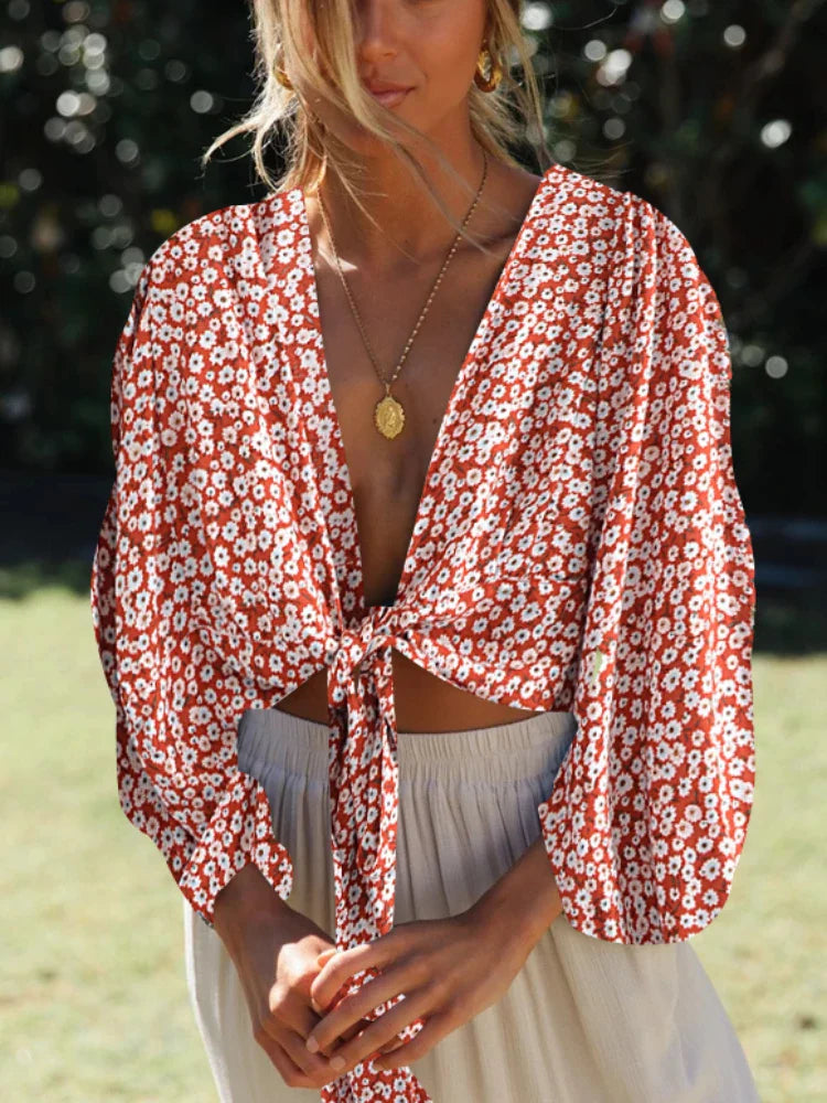 Poppy Bloom Boho Floral Print Long Sleeve Crop Top
